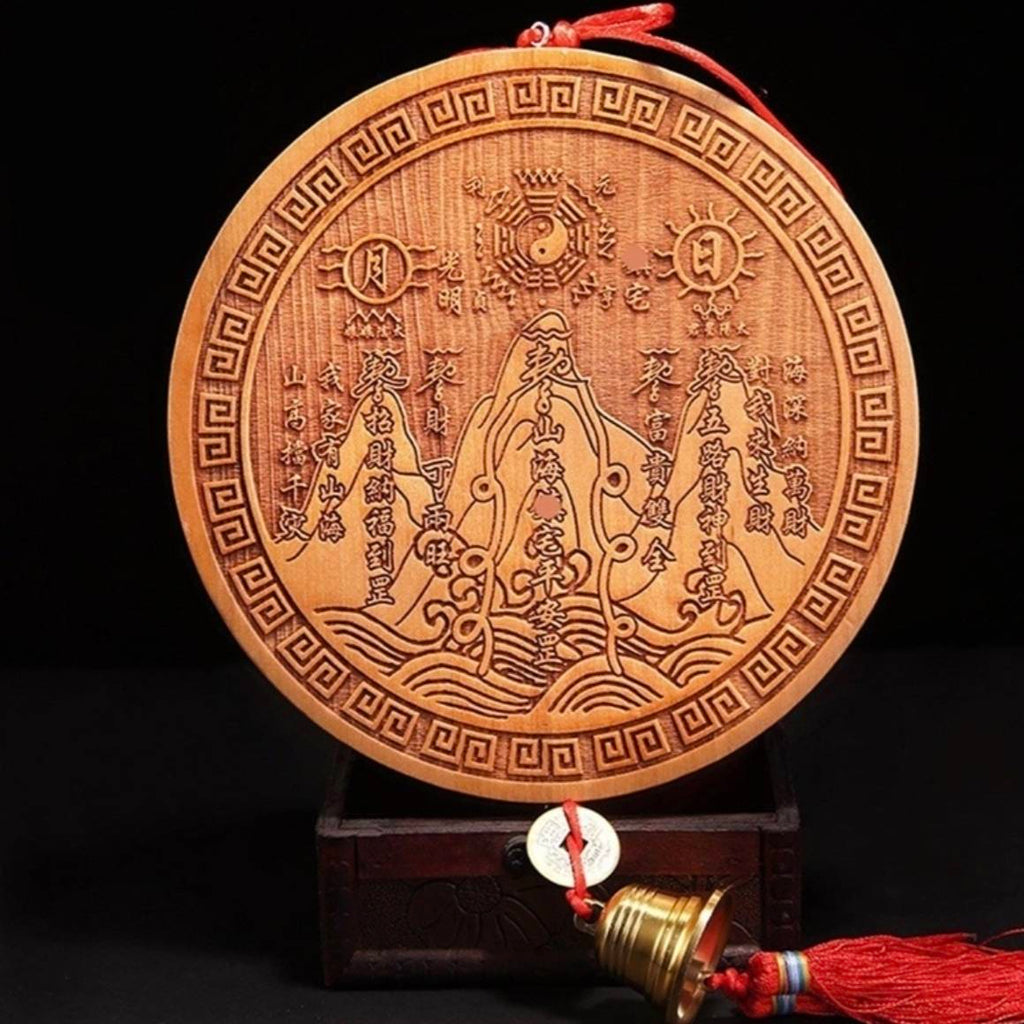 Taoshan Mountain & Sea Peach Wood Wall Hanging – Hand-Carved Feng Shui Talisman for Home Protection