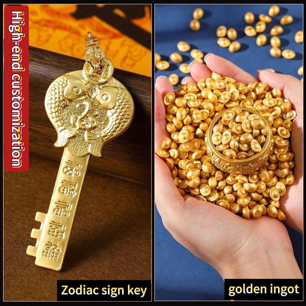 ‌"Master Blessing" Golden Treasury Vase Thangka Frame - Office Desk Decoration with Golden Key for Attracting Wealth, Five Wealth Gods Ornament