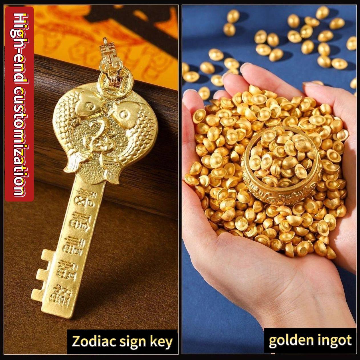 ‌"Master Blessing" Golden Treasury Vase Thangka Frame - Office Desk Decoration with Golden Key for Attracting Wealth, Five Wealth Gods Ornament