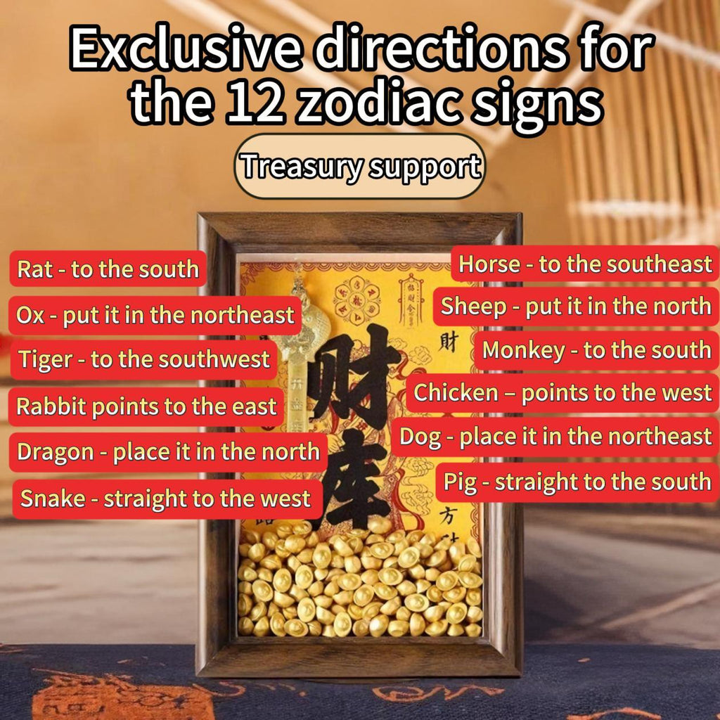 ‌"Master Blessing" Golden Treasury Vase Thangka Frame - Office Desk Decoration with Golden Key for Attracting Wealth, Five Wealth Gods Ornament