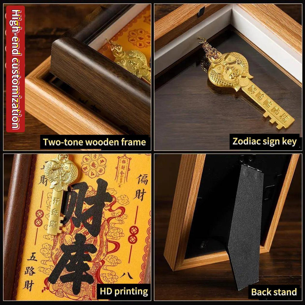 ‌"Master Blessing" Golden Treasury Vase Thangka Frame - Office Desk Decoration with Golden Key for Attracting Wealth, Five Wealth Gods Ornament