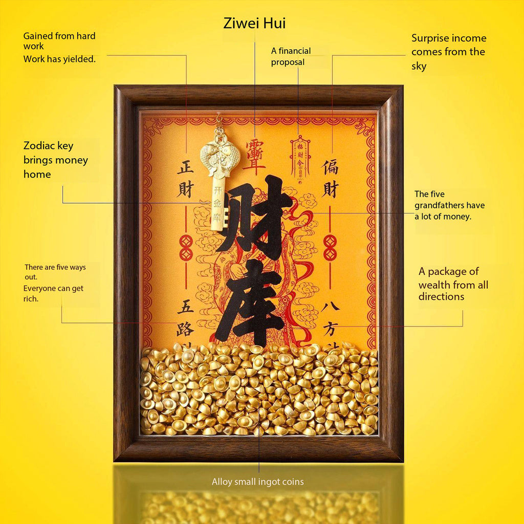 ‌"Master Blessing" Golden Treasury Vase Thangka Frame - Office Desk Decoration with Golden Key for Attracting Wealth, Five Wealth Gods Ornament