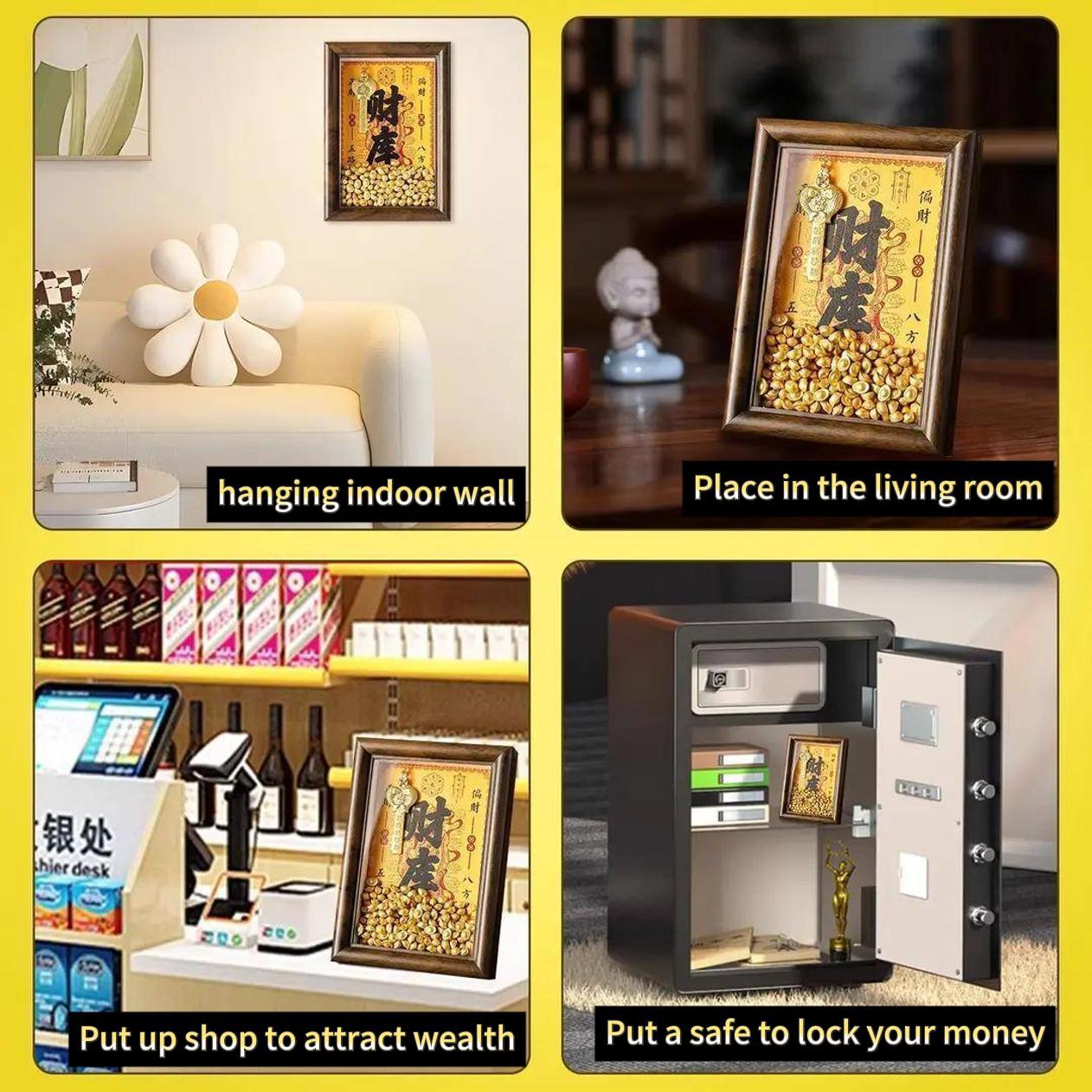 ‌"Master Blessing" Golden Treasury Vase Thangka Frame - Office Desk Decoration with Golden Key for Attracting Wealth, Five Wealth Gods Ornament